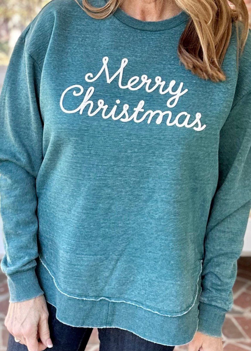 Xl-2Xl Royce Merry Christmas Chain Stitch - Long Sleeve Crew Neck - Green - Royce Sweatshirt -Jimberly's Boutique-Olive Branch-Mississippi