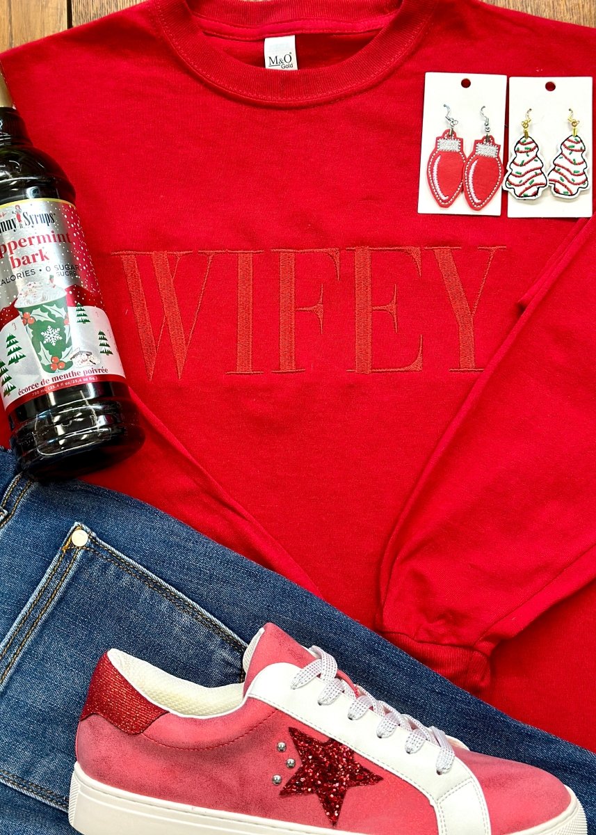 Wifey Embroidered Long Sleeve - Red - Embroidered Sweatshirt -Jimberly's Boutique-Olive Branch-Mississippi